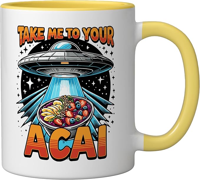 Take Me to Your Acai UFO Abduction Berry Fruit Funny Acai Ceramic Mug, Yellow/White