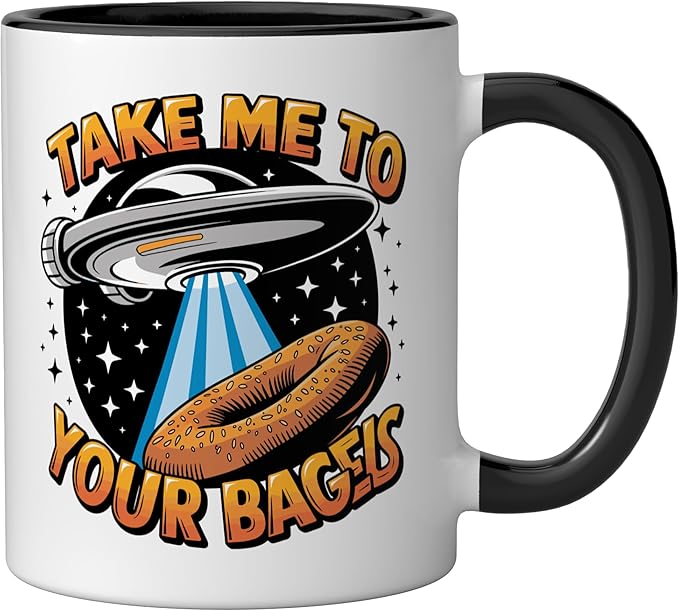 Take Me to Your Bagels UFO Abduction Jewish Funny Bagel Ceramic Mug, Black/White