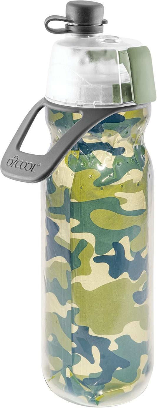 O2COOL Mist 'N Sip Misting Water Bottle 2-in-1 Mist And Sip Function With No Leak Pull Top Spout Reusable Sports Water Bottle - 20 oz (Green Camo)