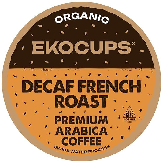 EKOCUPS Organic Swiss Water Decaf French Roast Coffee Pods, Extra 30% More Coffee Per Cup, Artisan Fair Trade Dark Roast, Decaf French Roast for Keurig K Cup Machines, Recyclable Pods, 80 Count