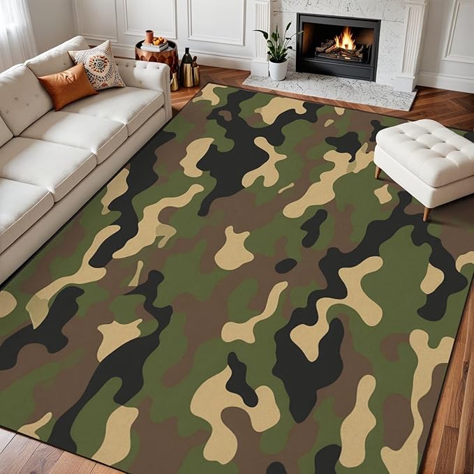 8x10 Area Rugs for Bedroom Boho Washable Man Cave Rug for Living Room Camouflage Green Brown Tan Shades Distinctive Design Soft Rubber Backed Non-Slip Large Carpets for Boys
