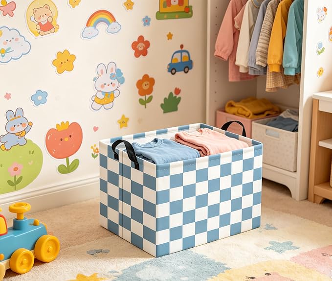 HIYAGON Rectangular Kids Basket Baby Girl Basket Fabric Storage Bin Organizer Box Room Decor(Blue Checkered)