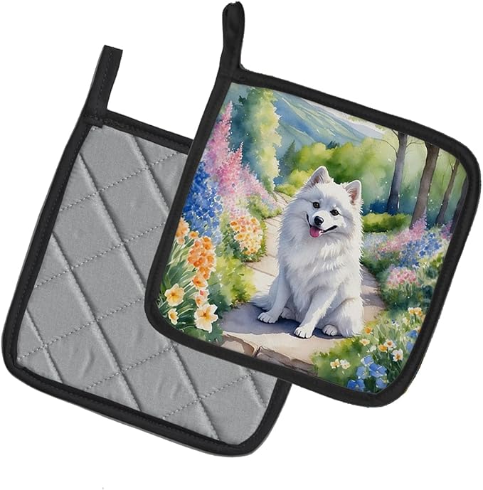 Caroline's Treasures American Eskimo Spring Garden Pair of Pot Holders Kitchen Heat Resistant Pot Holders Sets Oven Hot Pads for Cooking Baking BBQ, 7 1/2 x 7 1/2