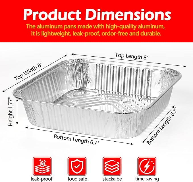 8x8 Aluminum Foil Pans with Lid, 35 Pack Disposable Trays Half Size Heavy Duty Tin Pans Deep Food Containers For Cooking, Meal Prep, Baking, Roasting, Chafing, Heating or Steam Table