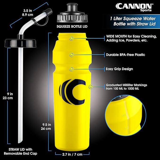 Cannon Sports 1 Liter Sports Water Bottle, BPA-Free, 34 Oz Capacity, Large Mouth, 2 lids (Straw and Squeeze), Great For Helmet Sports Such As Hockey, Lacrosse, Football, Boxing (Yellow)