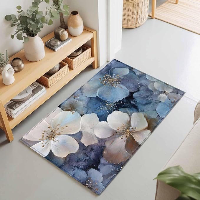 Area Rug 2x3ft, Watercolor White Navy Blue Floral Foliage Washable Rugs for Living Room Bedroom, Abstract Flower Soft Non-Slip Area Rugs Rectangle Floor Carpet for Dining Room