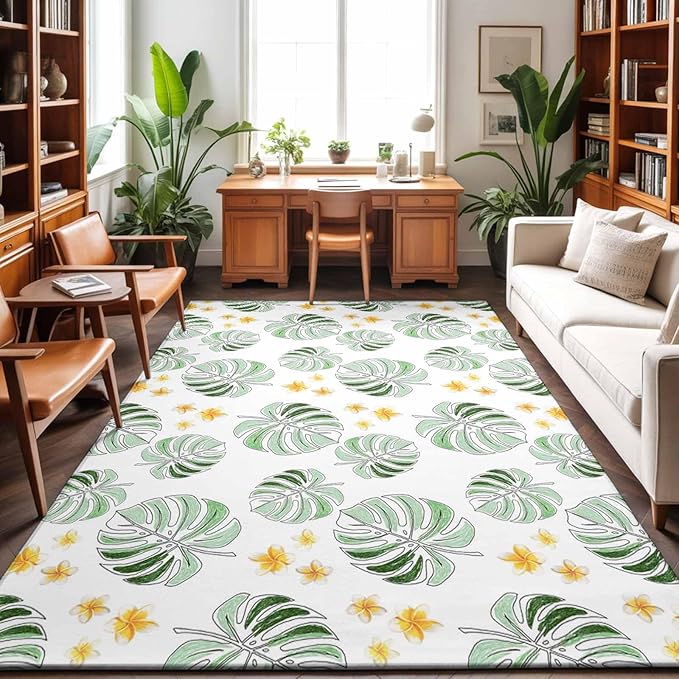 Area Rug 9x12ft, Summer Palm Leaves Pattern Washable Rugs for Living Room Bedroom Rectangle Floor Carpet, Scattered Starburst Flowers Soft Non-Slip Area Rugs for Dining Room