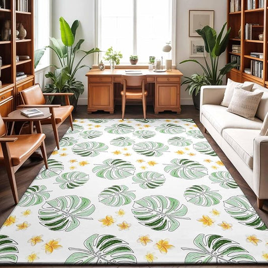 Area Rug 3x5ft, Summer Palm Leaves Pattern Washable Rugs for Living Room Bedroom, Scattered Starburst Flowers Soft Non-Slip Area Rugs Rectangle Floor Carpet for Dining Room