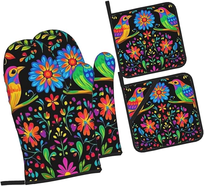4 Pcs Mexican Flower Oven Mitts and Potholders,Kitchen Oven Glove with Pot Holders,Non-Slip Gloves High Heat Resistant 500 Degree for BBQ, Grill, Baking, Cooking, Oven, Microwave