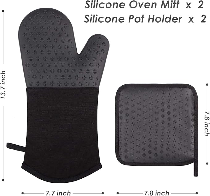 Webake Oven Mitts and Pot Holders Set of 4, 2 pcs Long Silicone Baking Oven Gloves and 2 pcs Silicone Hot Pads with Pocket for Oven Baking