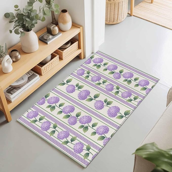 Area Rug 2x3ft, Watercolor Hydrangea Flower Washable Rugs for Living Room Bedroom, Spring Floral Leaves on Linen Soft Non-Slip Area Rugs Rectangle Floor Carpet for Dining Room