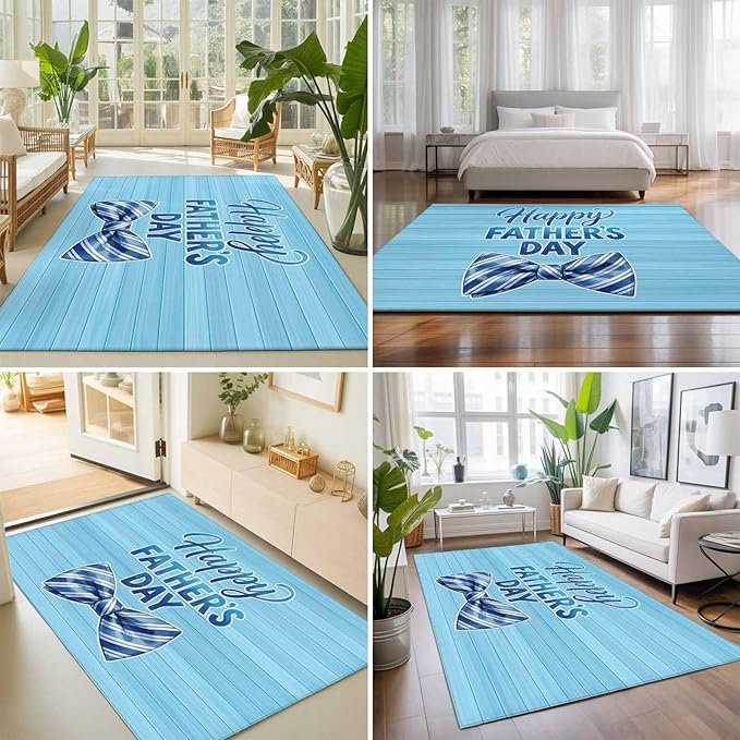 Area Rug 9x12ft, Father's Day Vintage Plank Washable Rugs for Living Room Bedroom Rectangle Floor Carpet, Cartoon Blue Stripes Bow Soft Non-Slip Area Rugs for Dining Room