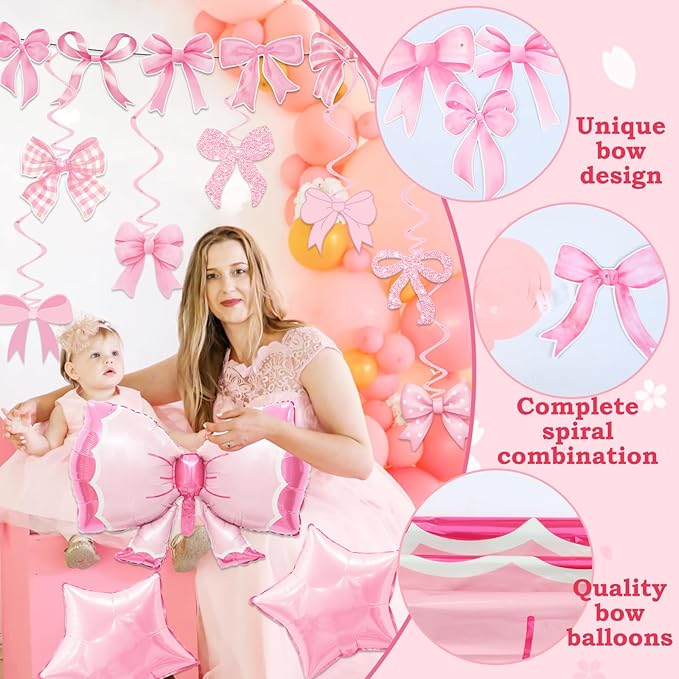 26Pcs Pink Bow Birthday Party Decorations, Bow Birthday Decorations Girl Include Happy Birthday Banner Hanging Swirls Set Balloons for Women Girls Bow Party Decorations, Baby Shower Party Supplies