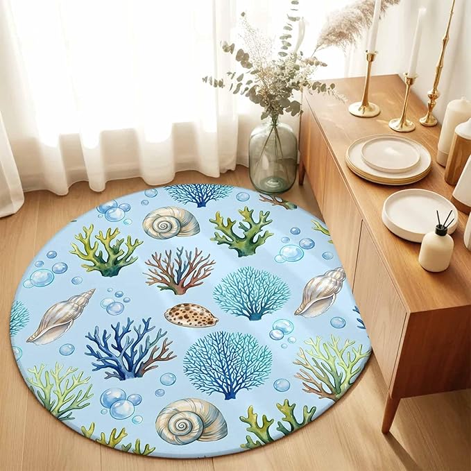 Washable Round Area Rug Coastal Shell Coral Bubble Circle Rugs Floor Carpet for Living Room Bedroom, Nautical Ocean Blue Underwater Scene Soft Non Slip Round Rug 5ft