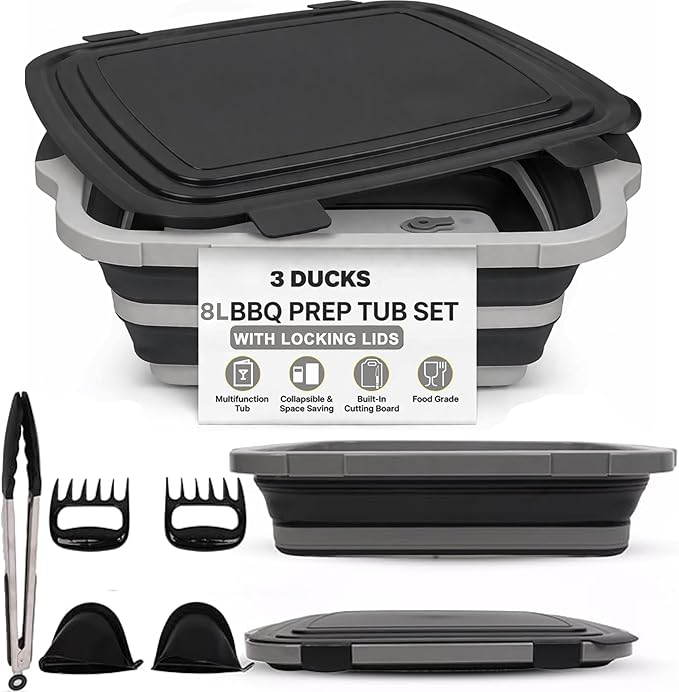 Collapsible BBQ Prep Tub 8L Black | Portable Meat Marinating Container with Locking Cutting Board Lid, BBQ Tongs, 2 Meat Shredding Claws & 2 Heat-Resistant Grill Gloves for Camping & Grilling