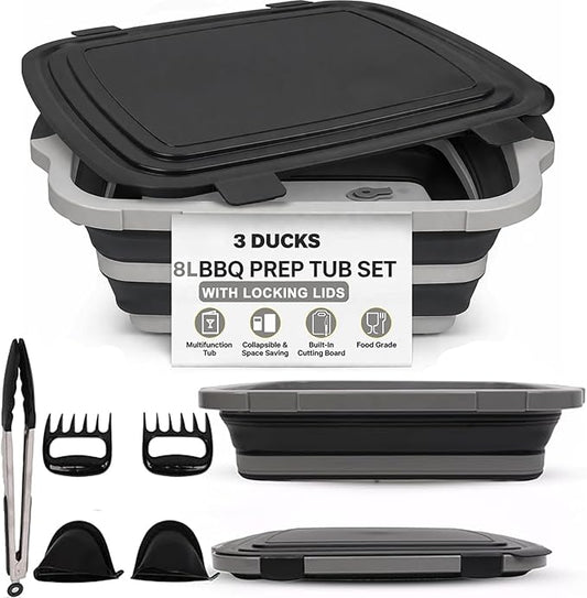 Collapsible BBQ Prep Tub 8L Black | Portable Meat Marinating Container with Locking Cutting Board Lid, BBQ Tongs, 2 Meat Shredding Claws & 2 Heat-Resistant Grill Gloves for Camping & Grilling