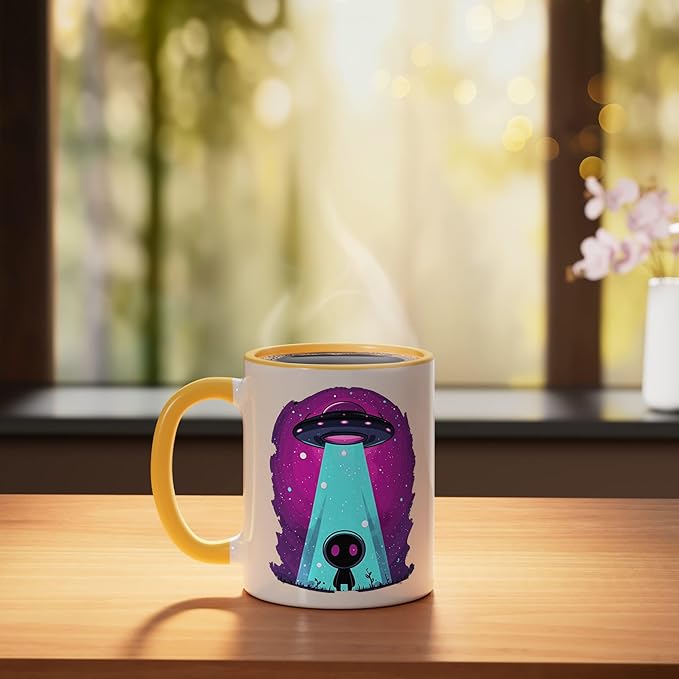 Cute Alien Abduction UFO Retro Space Sci Fi Kawaii Ceramic Mug, Yellow/White