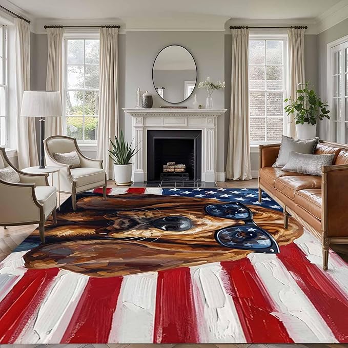 Area Rug 9x12ft, Independence Day USA Flag Washable Rugs for Living Room Bedroom Rectangle Floor Carpet, Basset Hound Patriotic Sunglasses Soft Non-Slip Area Rugs for Dining Room