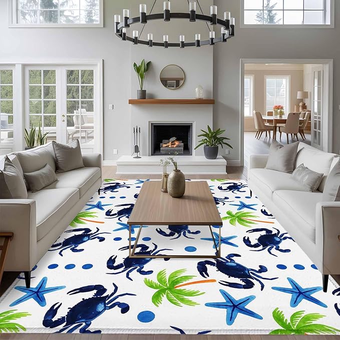 Area Rug 6x9ft, Abstract Blue Crab Starfish Washable Rugs for Living Room Bedroom, Watercolor Palm Tree Soft Non-Slip Area Rugs Rectangle Floor Carpet for Dining Room