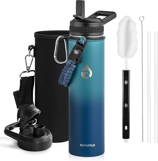 RAYMYLO Insulated Water Bottle 24oz, Triple Wall Vacuum Stainless Steel (Cold for 24Hrs, Hot for 12Hrs), Leak Proof & Non-BPA, 24oz Hydro Water Flask with Paracord Handle & Straw Spout Lids