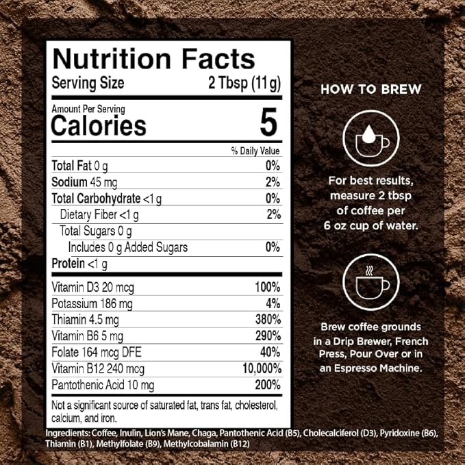 VitaCup Mushroom Coffee Grounds, with Lions Mane, Chaga, B Vitamins, D3, Boost Focus, Immunity, Memory & Clarity, Medium Dark Roast, 100% Arabica Specialty, 20oz, 52 Servings