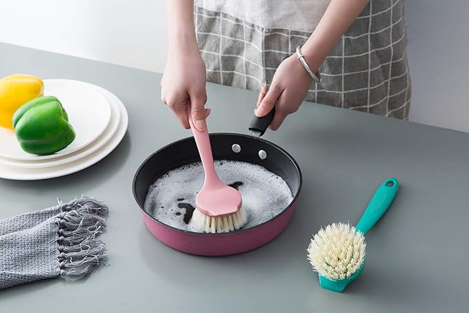 Kitchen Scrub Brush Sink Bathroom Brushes with Scraper Tip Comfortable Grip Odourless Bristles for Pot Pan Cast Iron Skillet Dishes Cleaning,Soft and Scratch Free. 2-Pack