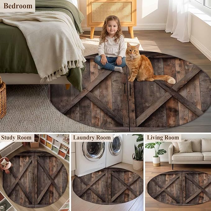 Washable Round Area Rug Vintage Farmhouse Barn Circle Rugs Floor Carpet for Living Room Bedroom, Country Wooden Plank Soft Non Slip Round Rug 5ft