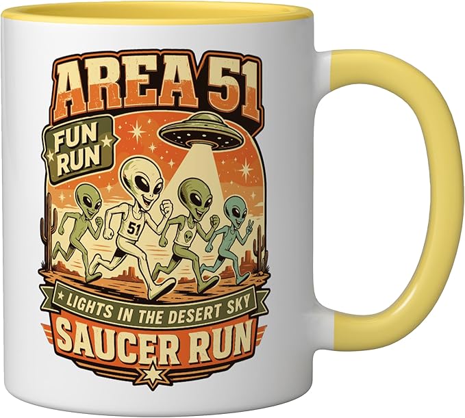 Area 51 Fun Run Saucer Run Alien Ceramic Mug, Yellow/White
