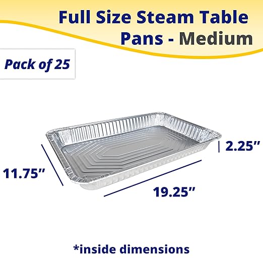 IDL Packaging Full Size Aluminum Steam Table Pans - Medium, 21" x 13" x 2.25" (pack of 25) - Disposable Foil Pan for Grilling, Roasting, BBQ, Cooking, Baking, Freezing
