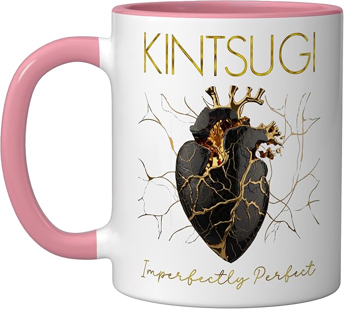 Kintsugi Pottery Golden Heart Japanese Art repair Pottery Ceramic Mug, Pink/White