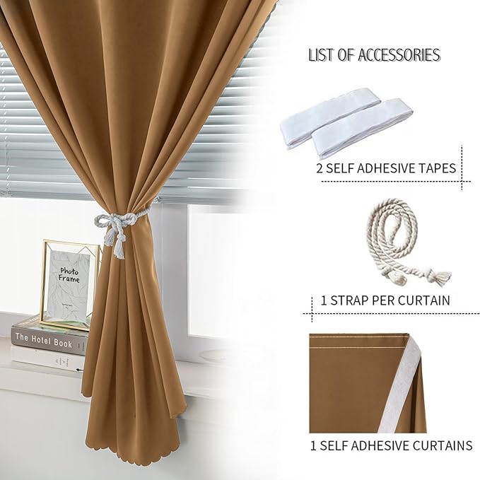 Self Adhesive Curtains, Stick Curtain Blackout Shades Window Cover Curtains for Living Room No Drilling, 59" W X 84" L, Brown, 1 Panel