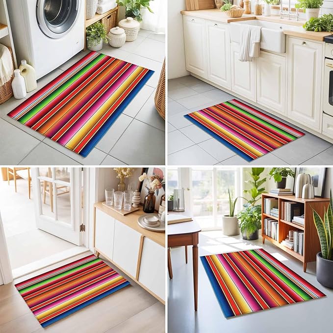 Area Rug 2x3ft, Mexican Stripes Vintage Boho Washable Rugs for Living Room Bedroom, Native American Stripe Soft Non-Slip Area Rugs Rectangle Floor Carpet for Dining Room