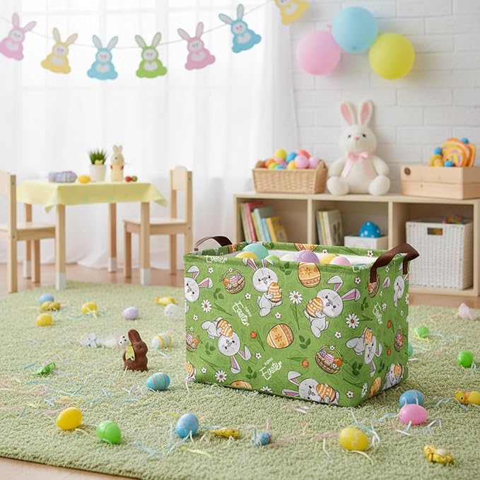 Large Rectangular Cute Kid Easter Basket Empty Bunny Eggs Easter Basket Gift Spring Room Storage Organizer Décor (E-06)