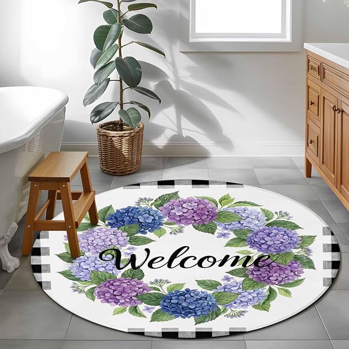 Washable Round Area Rug Summer Hydrangea Leaf Circle Rugs Floor Carpet for Living Room Bedroom, Purple Blue Flower Buffalo Check Soft Non Slip Round Rug 3ft