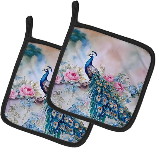 Caroline's Treasures Peacock Pair of Pot Holders Kitchen Heat Resistant Pot Holders Sets Oven Hot Pads for Cooking Baking BBQ, 7 1/2 x 7 1/2