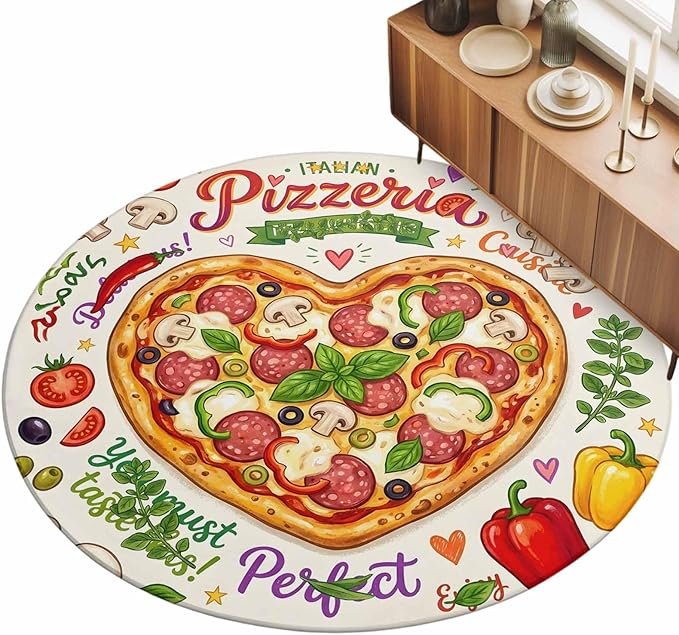 Washable Round Area Rug Cartoon Pizza Watercolor Graffiti Circle Rugs Floor Carpet for Living Room Bedroom, Farmhouse Vegetable Leaves Soft Non Slip Round Rug 5ft