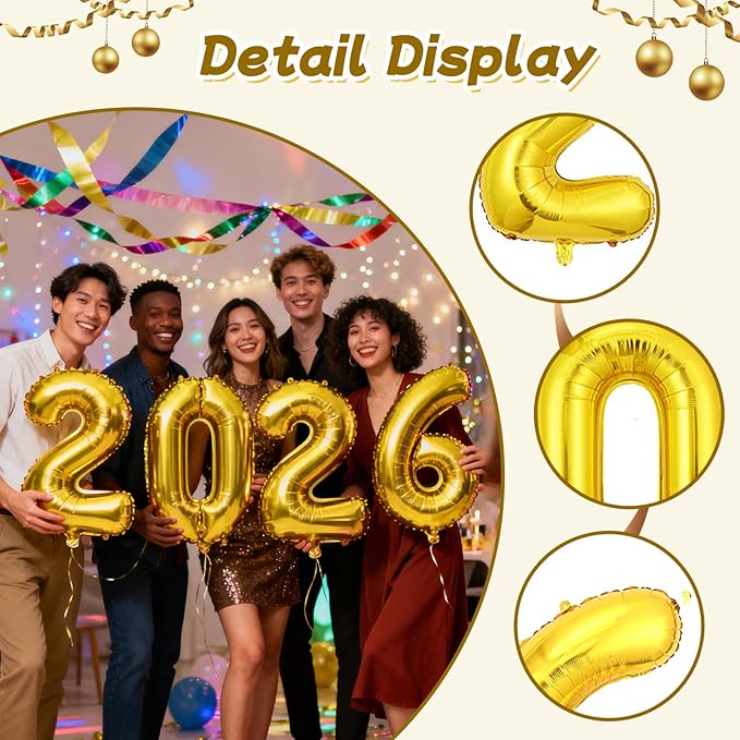 Gold 2026 Balloons, Jumbo 40 Inch Foil 2026 Number Balloons, Grad Balloons for Class of 2026 Graduation Party, Gold Matellic Foil New Year Birthday Home Office Party Supplies