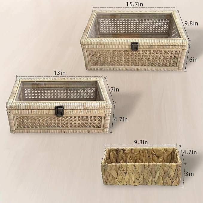Decorative Box,Rattan Display Boxes with Lids,Set of 3-Rectangular Decorative Storage Box Set,Natural Woven Storage Bins for Home Decor