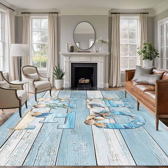 Area Rug 6x9ft, Summer Ocean Beach Shell Home Quote Washable Rugs for Living Room Bedroom, Farm Blue Wood Board Soft Non-Slip Area Rugs Rectangle Floor Carpet for Dining Room