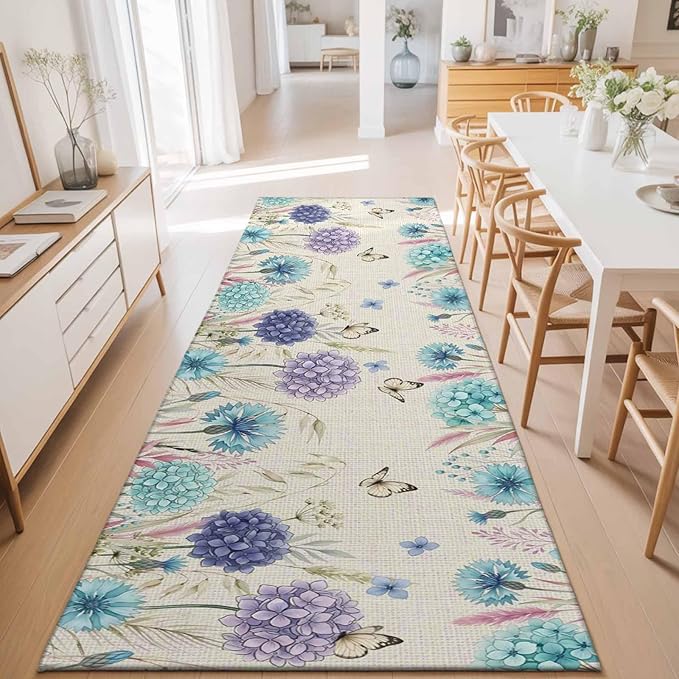 Runner Rug for Bedroom Hallway, Farm Blossom Floral Hydrangea Kitchen Runner Rugs Area Rug 2x6ft, Watercolor Butterfly on Linen Washable Soft Floor Carpet for Entryway Stair
