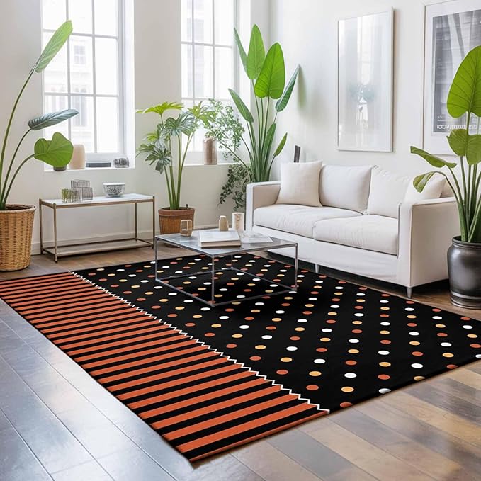 Area Rug 8x10ft, Halloween Polka Dots Orange Stripes Washable Rugs for Living Room Bedroom, Seamless Dot on Black Soft Non-Slip Area Rugs Rectangle Floor Carpet for Dining Room