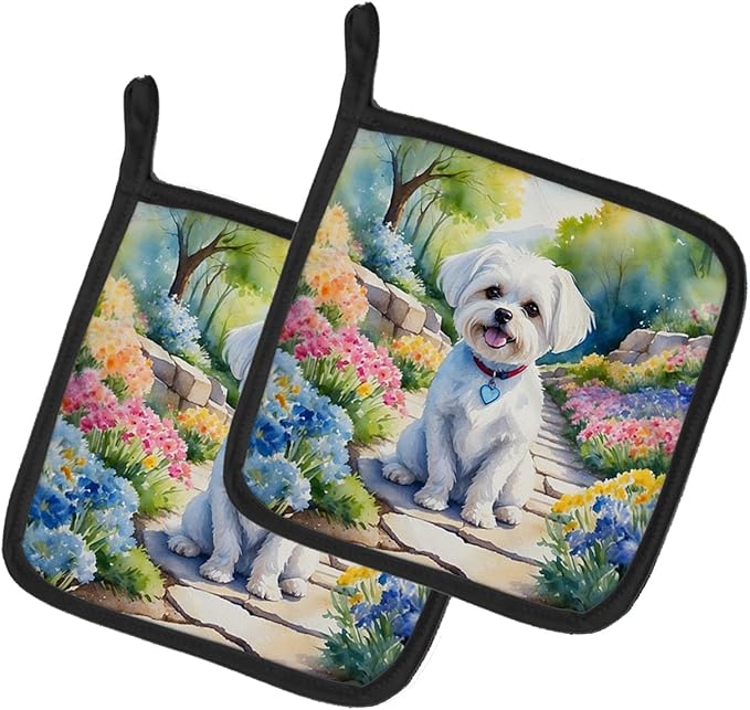 Caroline's Treasures Maltese Spring Path Pair of Pot Holders Kitchen Heat Resistant Pot Holders Sets Oven Hot Pads for Cooking Baking BBQ, 7 1/2 x 7 1/2