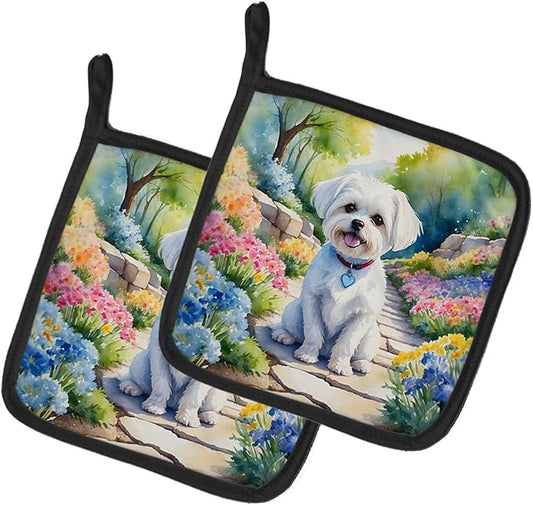 Caroline's Treasures Maltese Spring Path Pair of Pot Holders Kitchen Heat Resistant Pot Holders Sets Oven Hot Pads for Cooking Baking BBQ, 7 1/2 x 7 1/2