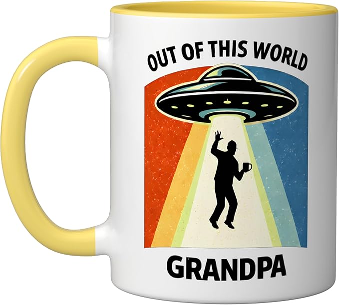 Out of This World Alien Grandpa UFO Abduction Grandfather Ceramic Mug, Yellow/White