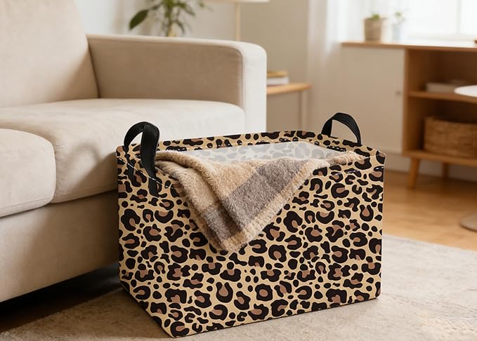 Essme Rectangular Kids Baskets,Leopard Print Storage Box,Cute Basket for Kids with Handles for Room Decor, Book Bins,Shelf Basket.(Leopard Print)