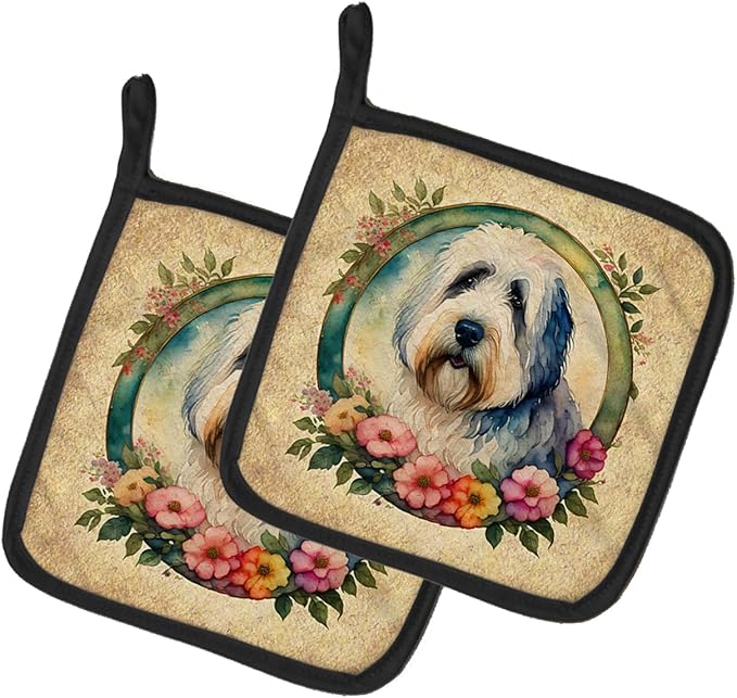 Caroline's Treasures Old English Sheepdog and Flowers Pair of Pot Holders Kitchen Heat Resistant Pot Holders Sets Oven Hot Pads for Cooking Baking BBQ, 7 1/2 x 7 1/2