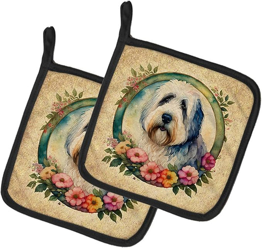 Caroline's Treasures Old English Sheepdog and Flowers Pair of Pot Holders Kitchen Heat Resistant Pot Holders Sets Oven Hot Pads for Cooking Baking BBQ, 7 1/2 x 7 1/2