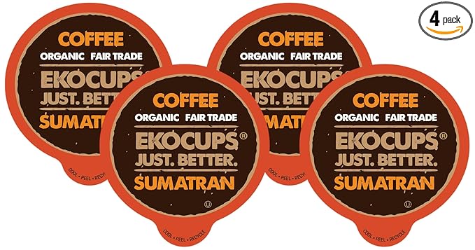 EKOCUPS Organic Sumatra Coffee Pods, Extra 30% More Coffee Per Cup, Fair Trade Dark Roast, Sumatran Reserve Blend for Keurig K Cup Machines, Recyclable Pods, 40 Count (Pack of 4)