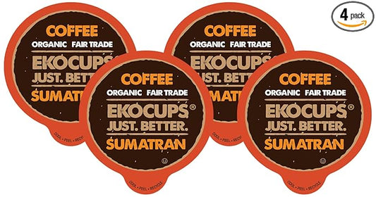 EKOCUPS Organic Sumatra Coffee Pods, Extra 30% More Coffee Per Cup, Fair Trade Dark Roast, Sumatran Reserve Blend for Keurig K Cup Machines, Recyclable Pods, 40 Count (Pack of 4)