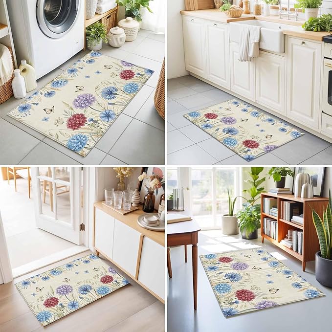 Area Rug 2x3ft, Spring Watercolor Garden Flower Washable Rugs for Living Room Bedroom, Hydrangea Floral on Burlap Soft Non-Slip Area Rugs Rectangle Floor Carpet for Dining Room